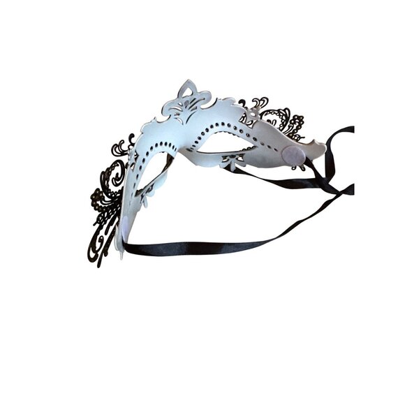 Black & Silver Venetian Masquerade Metal Mask Rhinestones Halloween - Picture 3 of 3